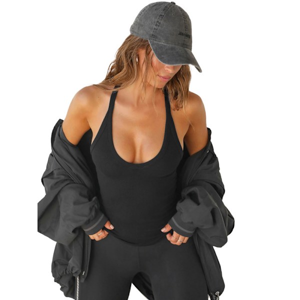 V-ringad racerback-linne för kvinnor, ribbat långt linne Black XS
