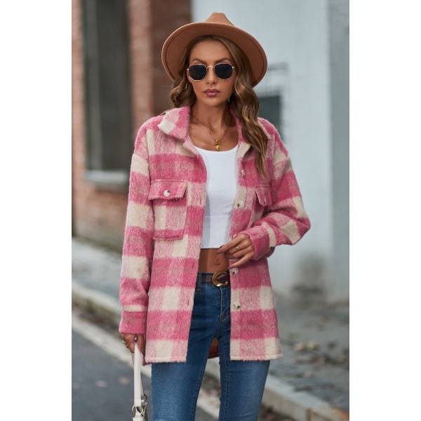 Dametøj Langærmet Casual Plaid Shacket Jakker Skjorter Lapel Tweed Peacoat Pink XL