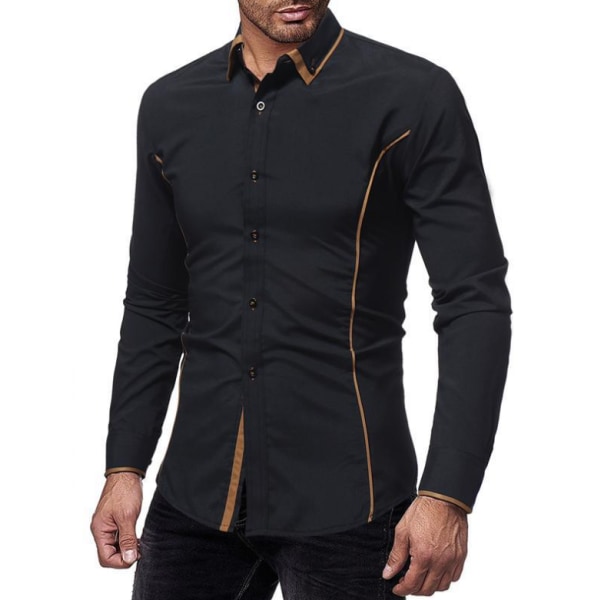 Casual Slim Fit Långärmad Skjorta för män black gold S