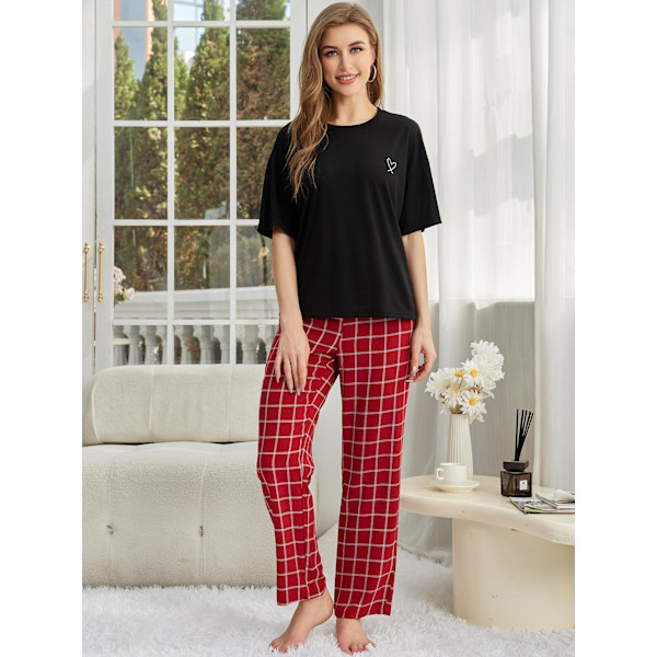 Dam Lounge Set i Bomull och Linne, Kortärmad Topp, Pyjamas, Långa Byxor Red M