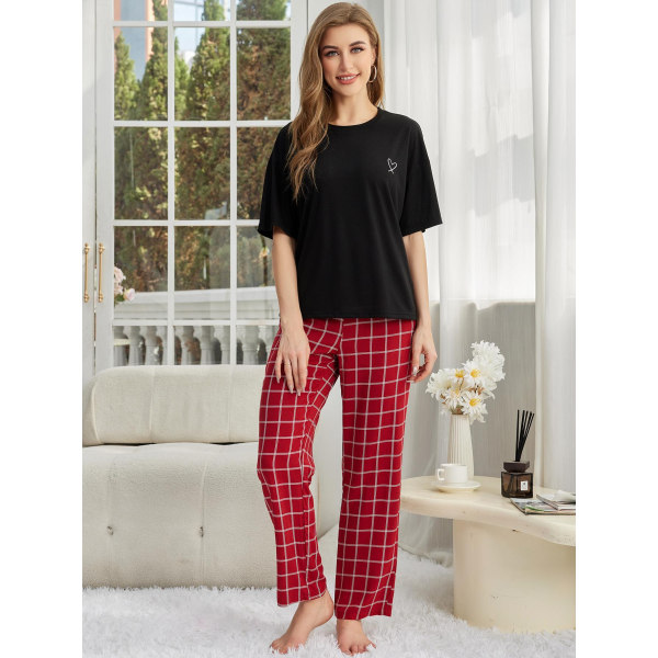 Dame Bomuld Linned Lounge Sæt Kortærmet Top Pyjamas Bred Loungewear Red XL