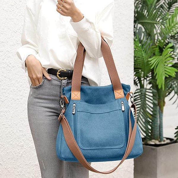 Kvinnors Canvas Tote Portmonnä Work Shoulder Crossbody Bag Blue