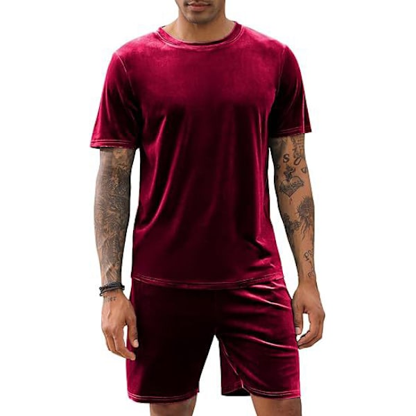 Mænd Velour Skjorte Trøje Shorts 2 Dele Outfits Tracksuit Red L