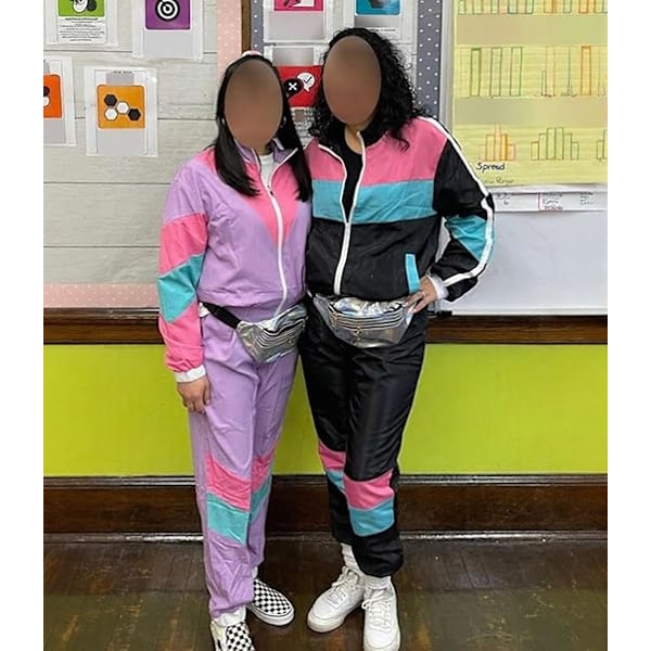 Färgglad 2-delad vindjacka för damer, långärmad crop top med dragkedja fram och träningsset Pink M