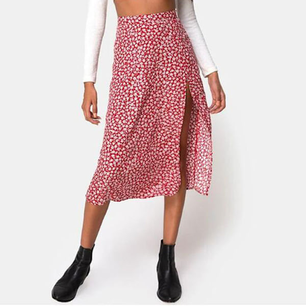 Sommarflödande midikjolar med slits för damer, ledig blommig kjol med hög midja red and white M