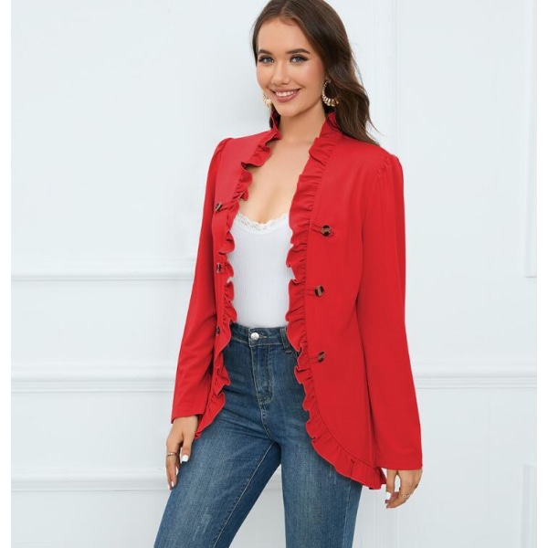Kvinners Ruffled Lapel Knappelukking Jakke Red M