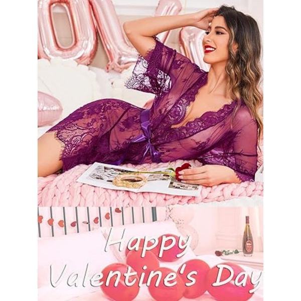 Naisten Pitsi Kimono Takki Babydoll Alusvaatteet Mesh Yöpaita Purple 3XL