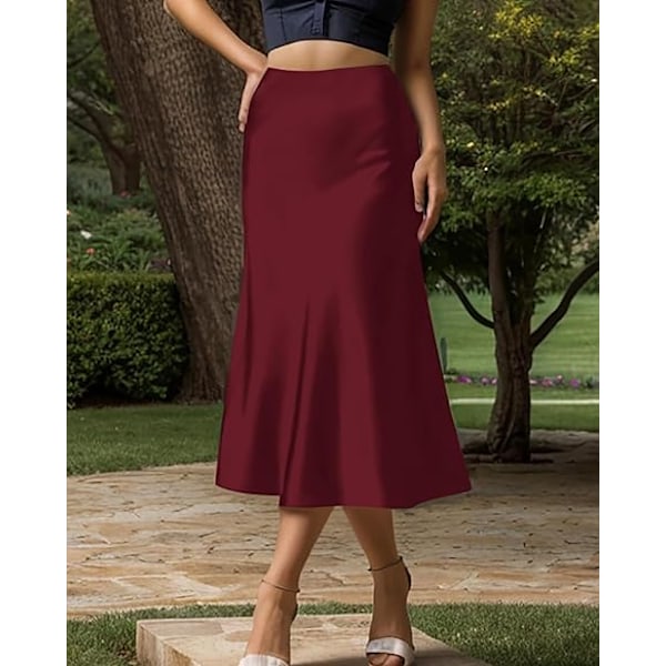 Elegant Dam Satin Silkeslen Kjol Hög Midja A-linjeformad Midikjol Wine Red S