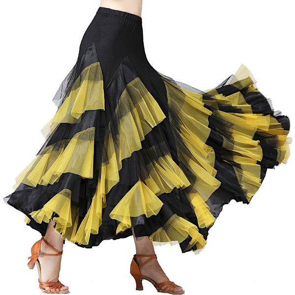 Ballroom Latin Dansfestklänning Lång Svingande Lagrad Kjol för Kvinnor Black+Yellow