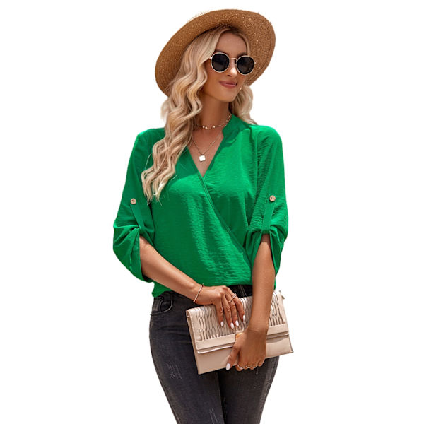 Dam Casual V-ringad Enfärgad Lös Långärmad Skjorta Green XL