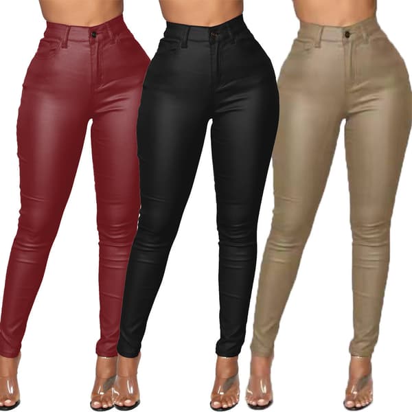 Byxor i konstläder för kvinnor Stretchleggings med hög midja Khaki L