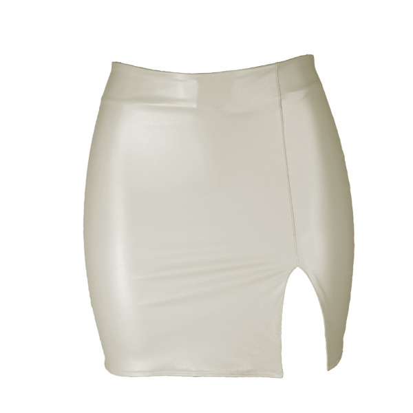Basic, hög midja, konstläder Bodycon Mini Pencil Kjol för kvinnor beige M