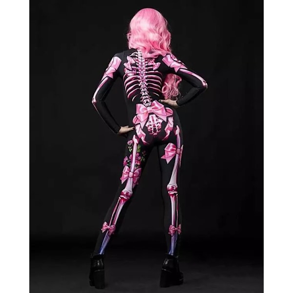 Dam Halloween Party Kostym Skalle Print Långärmad Jumpsuit Outfit Adult-Pink S