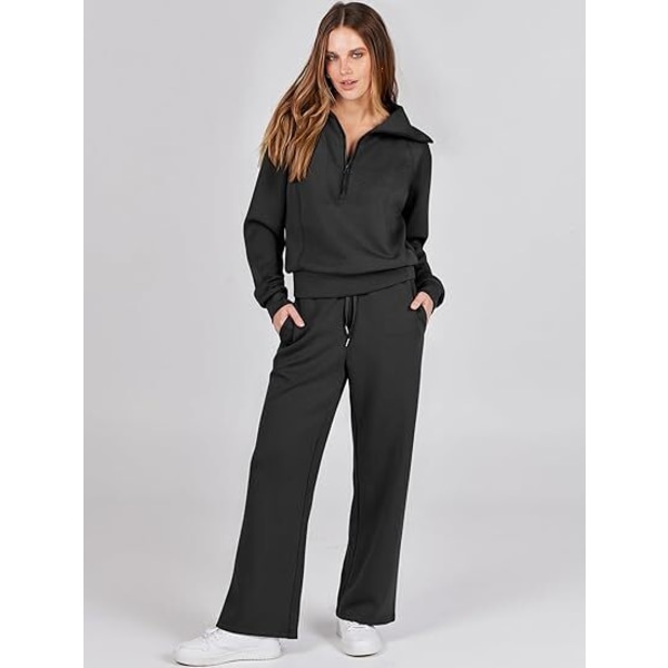 Dam 2-delade outfits Sweatsuit Set Wide Lounge Set Träningsoverall Black M