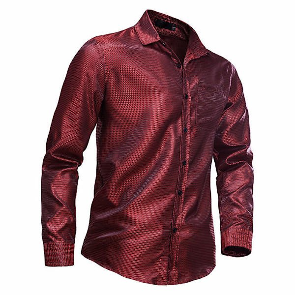 Menn's Glossy Lomme Langærmet Lapel Trykket Skjorte Red M