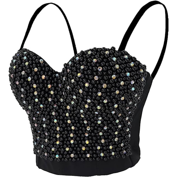 Sexy Perlebesat Rhinestone Bustier Crop Top Black 34