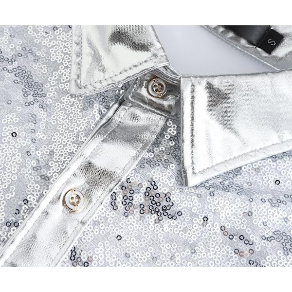 Menn Sequin Langarmet Skjorte Metallisk 66-talls Skjorte Knappeskjorte Silver XL