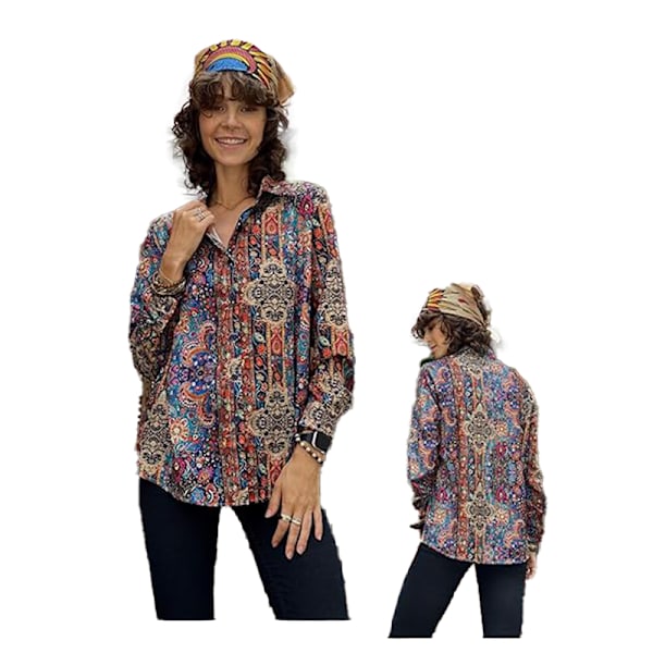 Dam Skjortor med Knappar Blommig Tryck Långärmad Vardaglig Topp Brown M