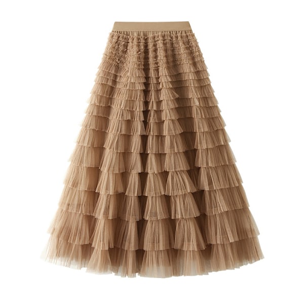 Dame Elastisk Talje Lagdelt Mesh Skørt Brown L