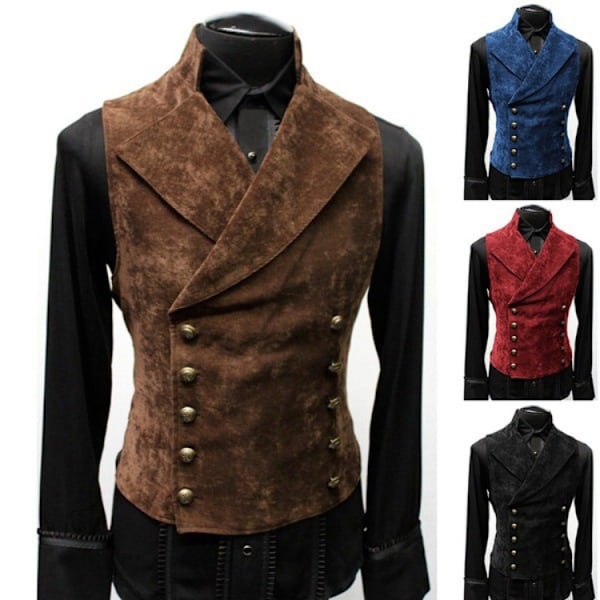 Hernesett for menn i kunstig skinn, dobbeltknappet, smal passform, gotisk steampunk, gentleman-smoking Brown 2XL