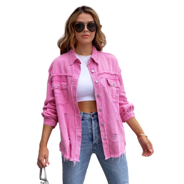 Dame Langærmet Denim Rippet Casual Lapeljakke Pink L