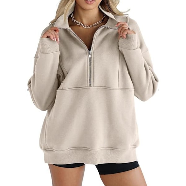 Dame Langærmet Lapel Halv Zip Up Sweatshirt Beige M