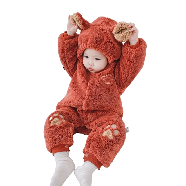 Baby Boy Girl Fluffy Fleece Hooded Jumpsuit Langarmet Onesie Red 59cm