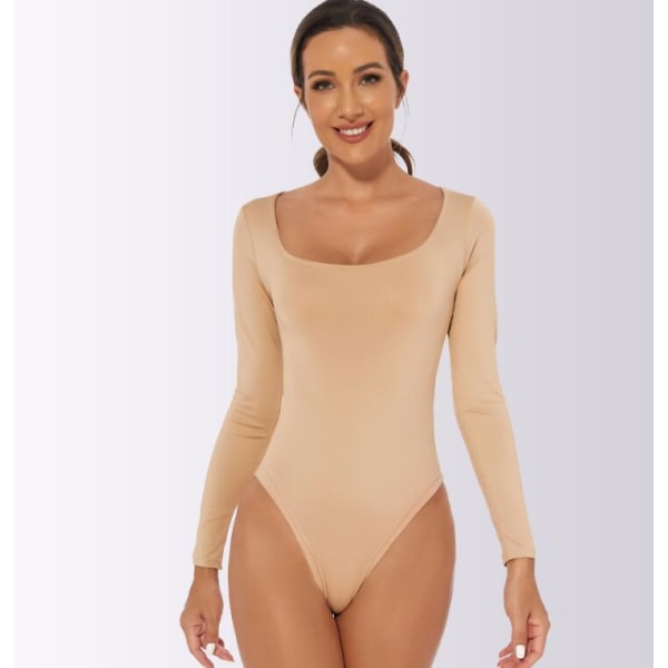 Slimmad långärmad jumpsuit för kvinnor med rund hals Almond XL