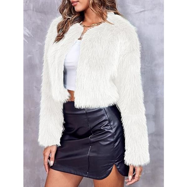 Kvinnors Mode Klippt Konstpälsjacka Långärmad Öppen Fram Kort Kavaj White XL