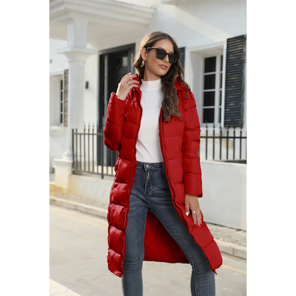 Varm Tyk Parka Jakke til Kvinder - Vinterdunjakke med Hue Red XL