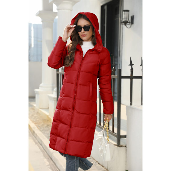 Varm Tyk Parka Jakke til Kvinder - Vinterdunjakke med Hue Red XL