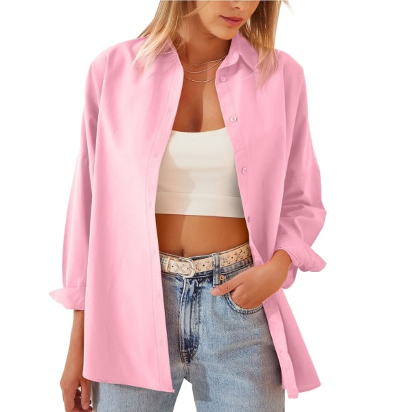 Enfärgad långärmad bomullsskjorta för kvinnor Pink XXL