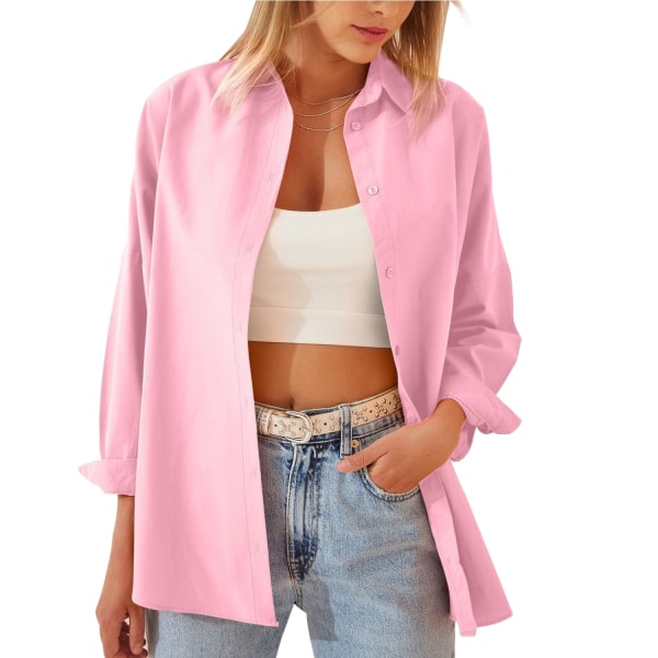 Kvinnors bomulls skjorta med lång ärm och knappar i enfärgad design Pink XL