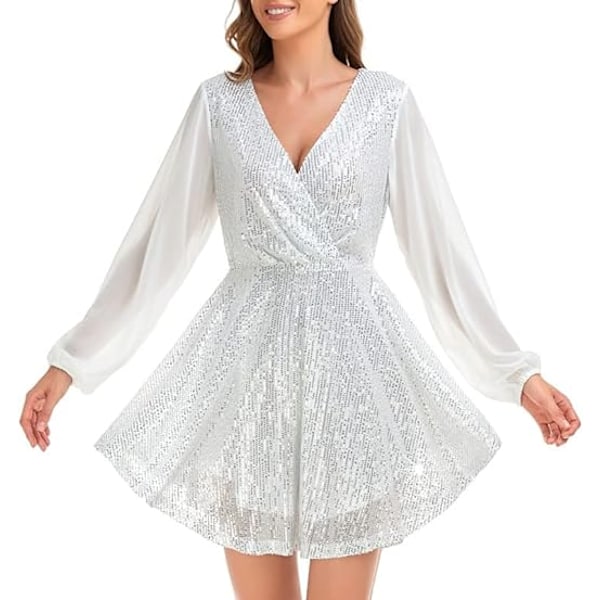Kvinnors Sexig V-ringad Mini-paljettkjol White M