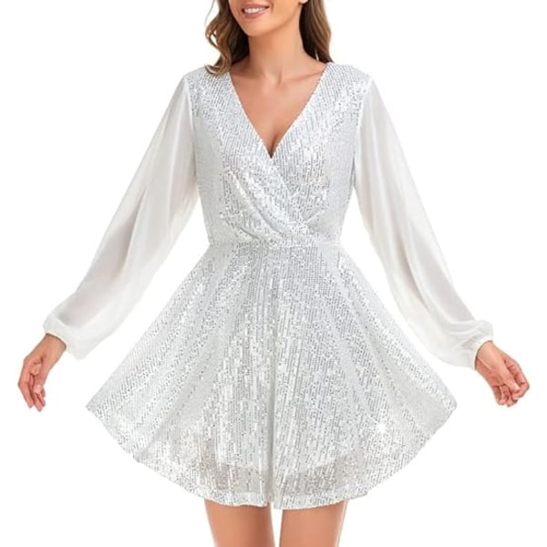 Sexig V-ringad mini-paljettklänning för kvinnor White L