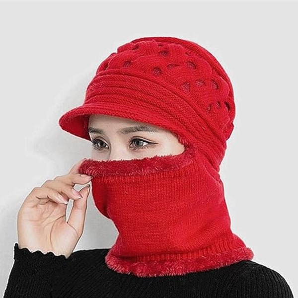 Fleece-vuorattu naisten pipo, talvihattu ja huivi-maskisarja Red