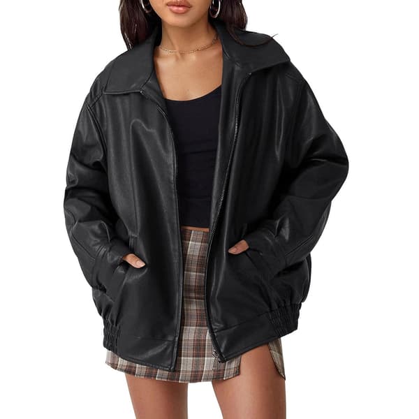 Dam Oversized Jacka, Konstläder MC Plus Size Moto Biker Kavaj Black S