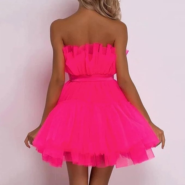 Korte Puffy Prom Kjole til Kvinder, Stropløs Mesh Fødselsdagskjole Rose Red XL
