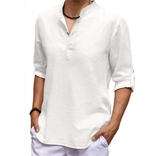 Herrskjorta i bomullslinne med knytknapp på mitten av ärmen White XL