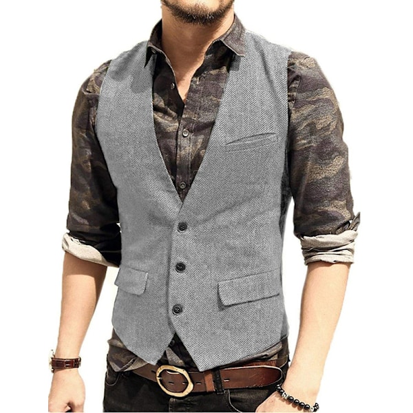 Herrar Herringbone Tweed Ylle Väst Enknäppt Slim Fit Väst Light Grey M