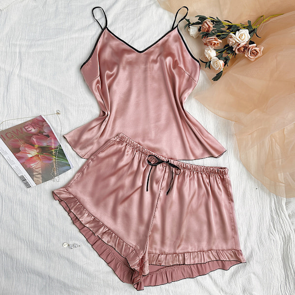 Silkkipyjamat naisille, satiiniset V-kaula-aukkoiset pyjamat, toppi- ja shortsisetti pink XL