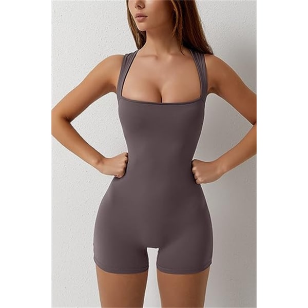 Damer Strappy Square Neck Linne Bodycon Stretch Shorts Jumpsuit Grey L