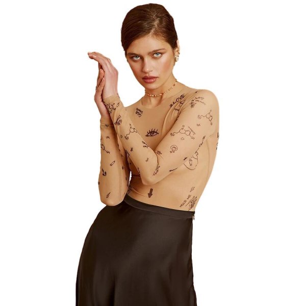 Kvinnors Långärmad Rundhalsad Tryckt Sexig Genomskinlig Mesh Crop Top Light brown L
