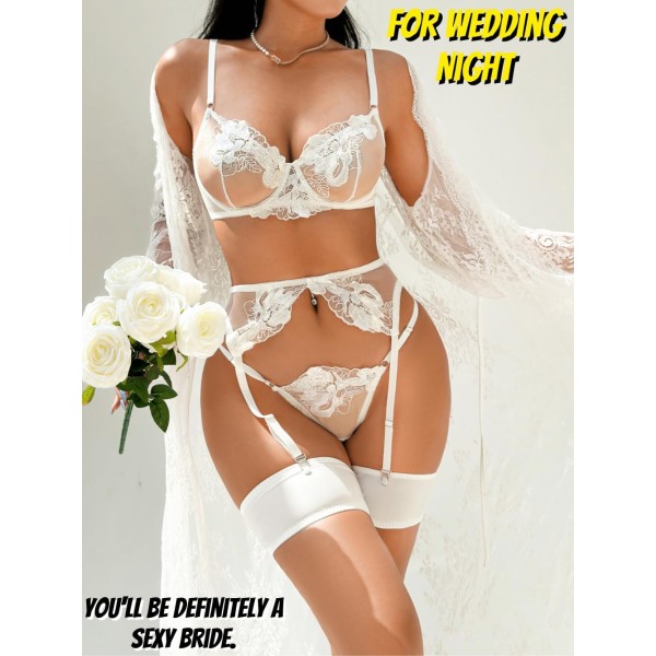 Blomsterbroderet, Underwire, G-String, Strømpebånd, 4 Dele Lingeri White L