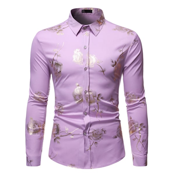 Herrar Hipster Slim Fit Långärmad Knappskjortor Light Purple L