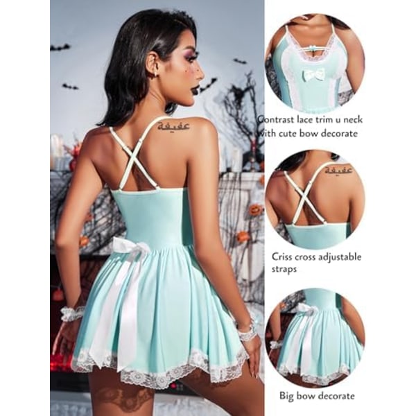 Maid Costume Cosplay Underkläder Set Mesh Chemise Babydoll Spets Rollspelsoutfit Blue XXL