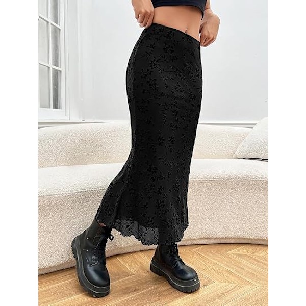Lettuce Trim Høy Midje Mesh Fishtail Bodycon Langt Skjørt for Kvinner black M