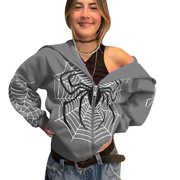 Y2k Huppari Naisille, Ylisuuri Gootti-Hupullinen Paita, Täyspitkä Vetoketju Grey XL
