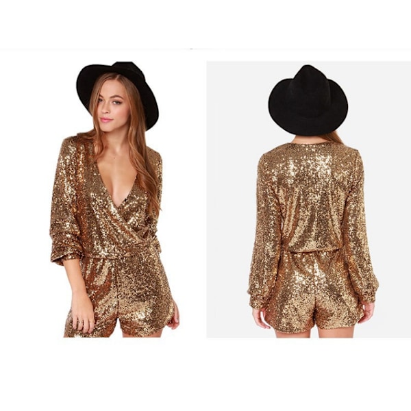 Dam Sparkle Paljetter V-ringad jumpsuit gold M