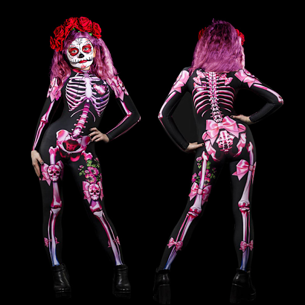 Halloween-kostyme for kvinner med hodeskalletrykk, langærmet jumpsuit Kid-Pink 120cm